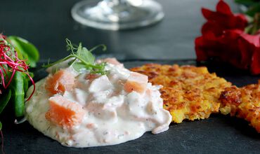 Potato pancakes with smoked salmon salad