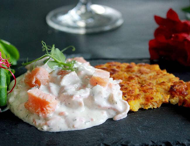 Potato pancakes with smoked salmon salad